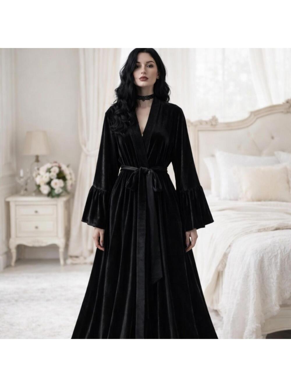 Whimsigoth Black Velvet Robe Kimono Sexy Lingerie Burlesque Vintage Style Long